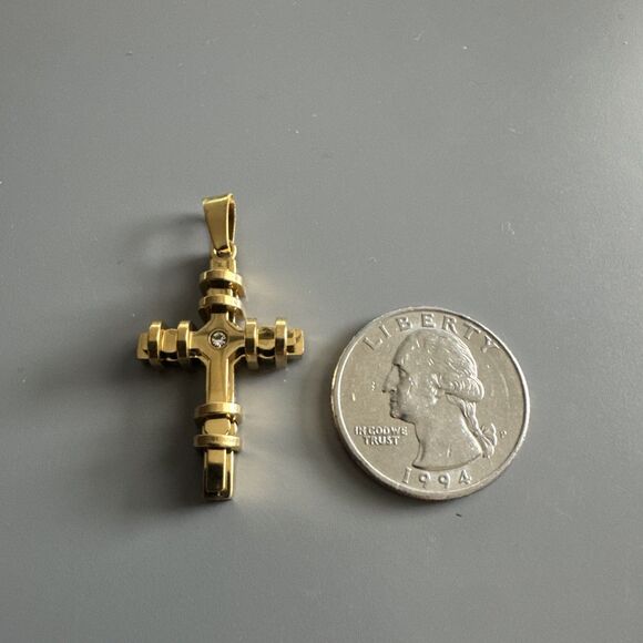 Cubic Zirconia Stainless Steel Cross Pendant Gift Trendy 24” Necklace Gold Tone - Picture 3 of 6
